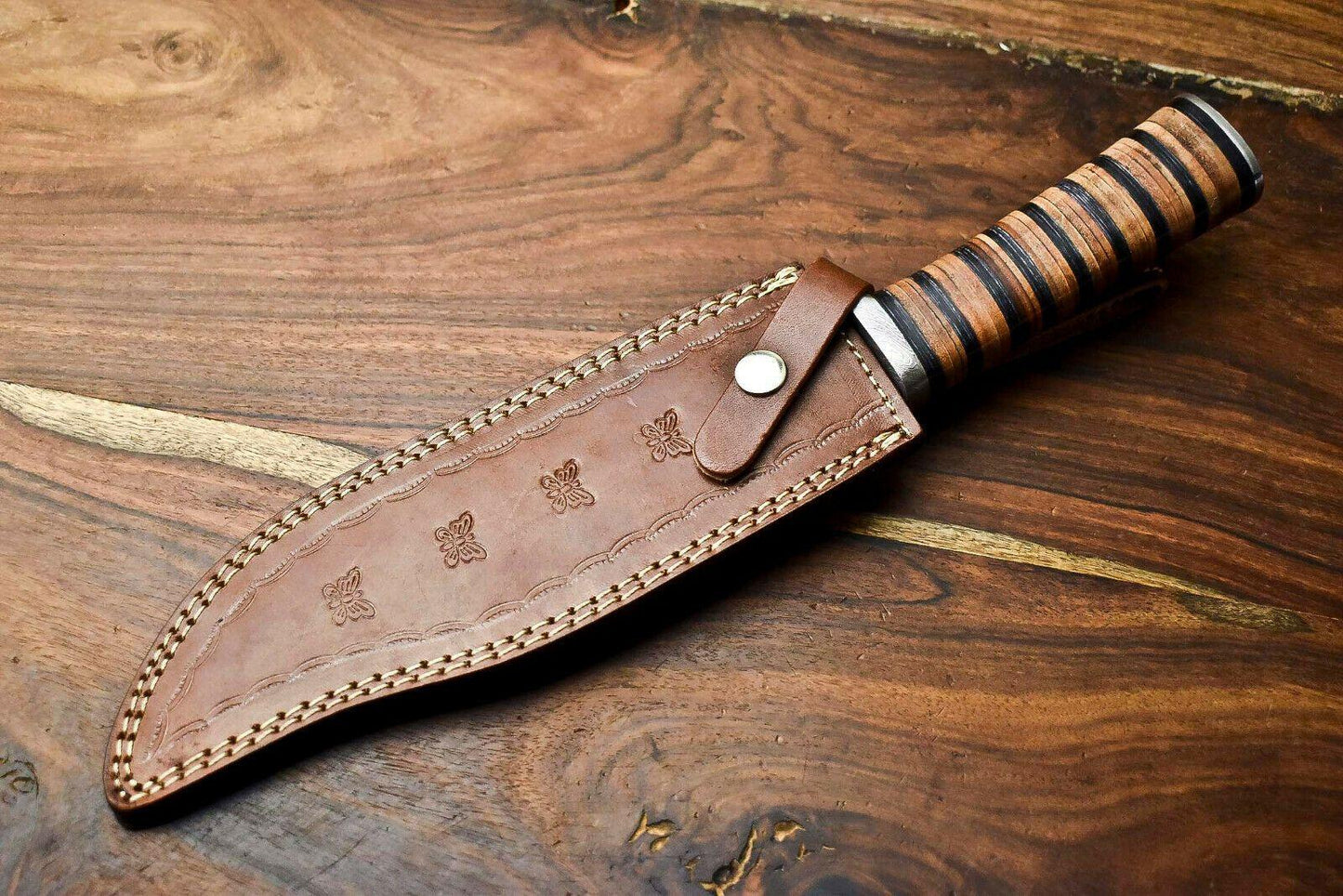 15" Handmade Damascus Steel Bowie Knife – Stacked Leather Handle & Cowhide Sheath