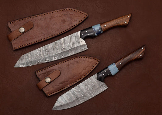 Custom Handmade Damascus Steel 2-Piece Chef & Fillet Knife Set with Rosewood Handles and Leather Sheaths