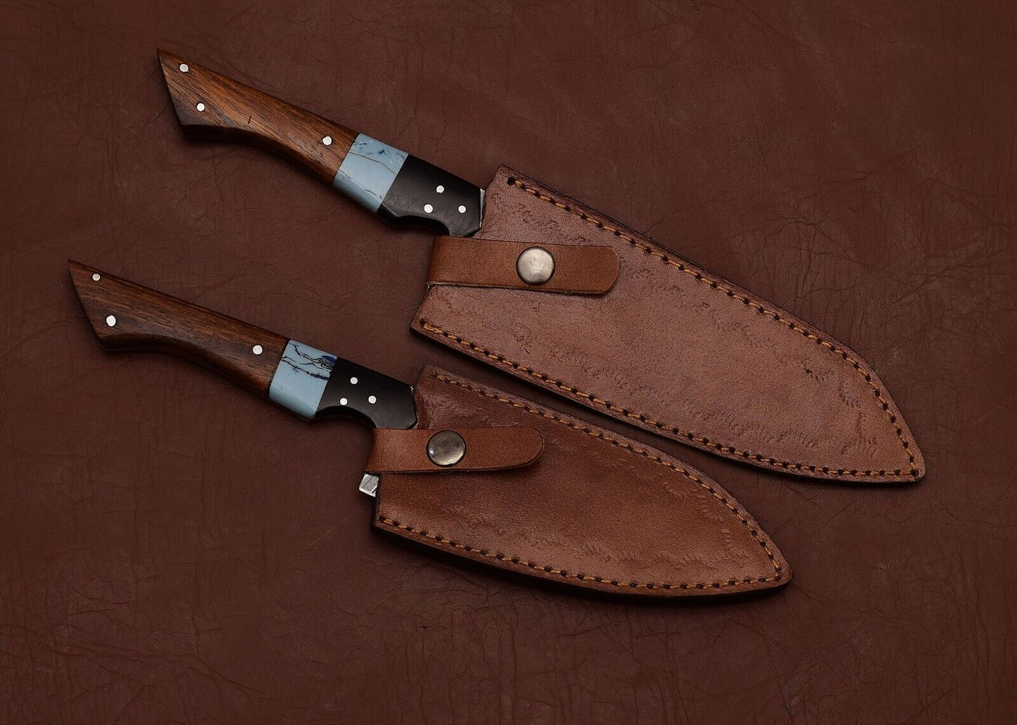 Custom Handmade Damascus Steel 2-Piece Chef & Fillet Knife Set with Rosewood Handles and Leather Sheaths