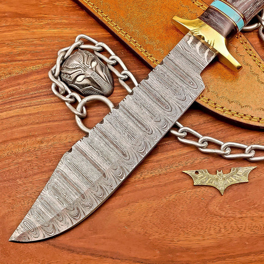 15 Inch Handmade Damascus Steel Bowie Knife with Wood Handle and Brass Bolster