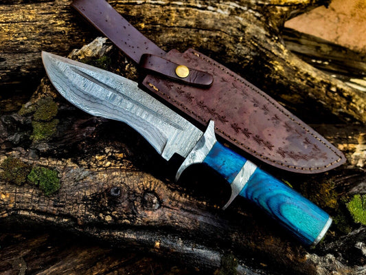 Heritage Forge Damascus Steel Hunting Bowie Knife Blue Wood Handle with Leather Sheath