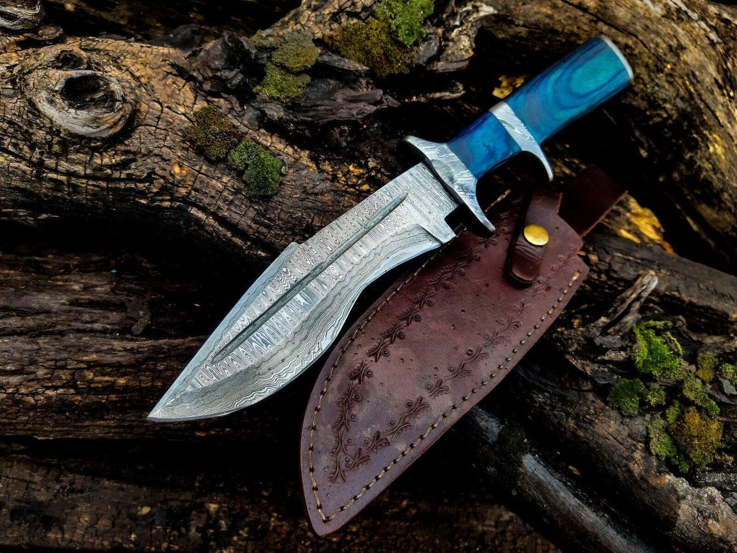 Heritage Forge Damascus Steel Hunting Bowie Knife Blue Wood Handle with Leather Sheath
