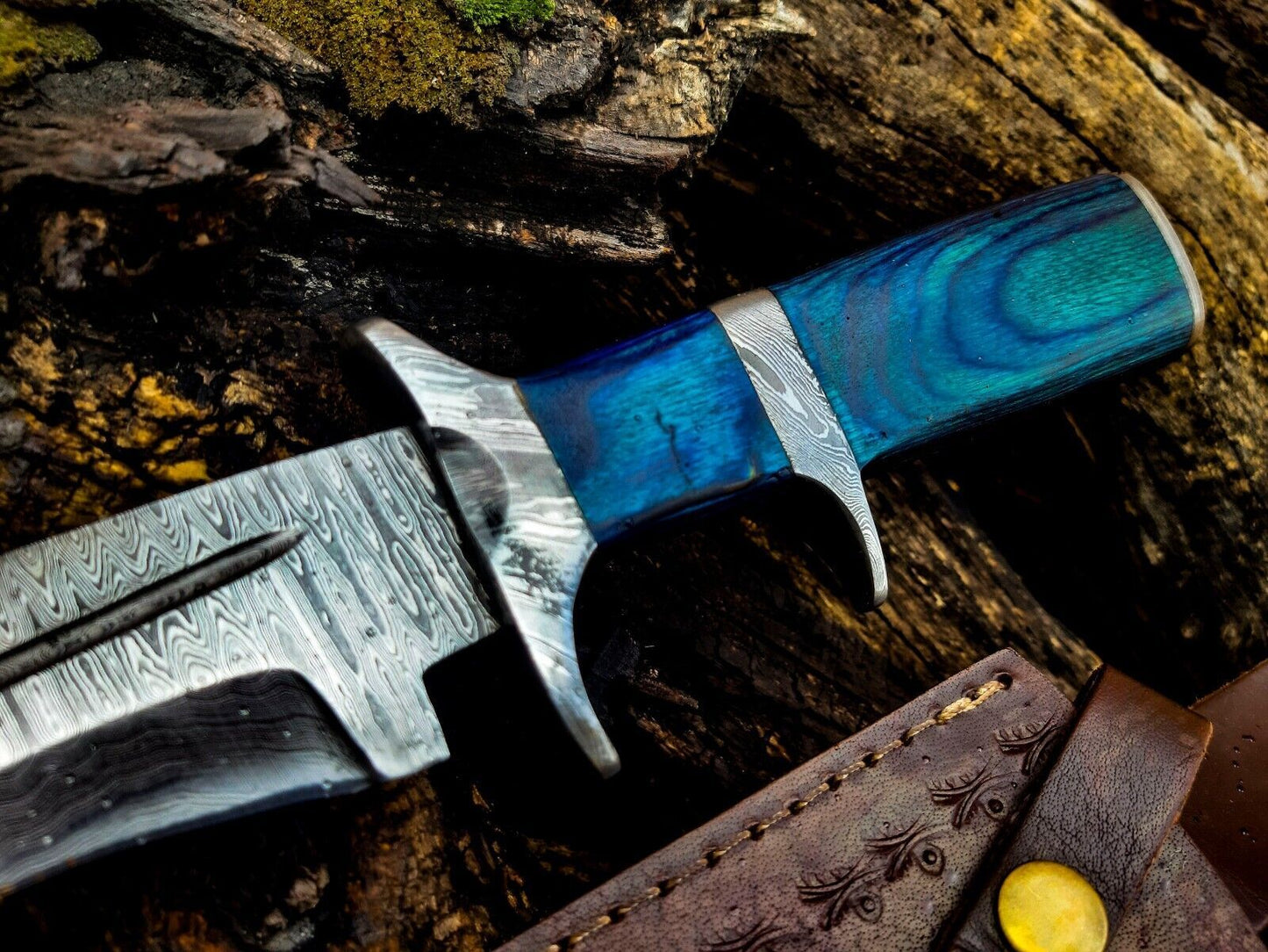 Heritage Forge Damascus Steel Hunting Bowie Knife Blue Wood Handle with Leather Sheath