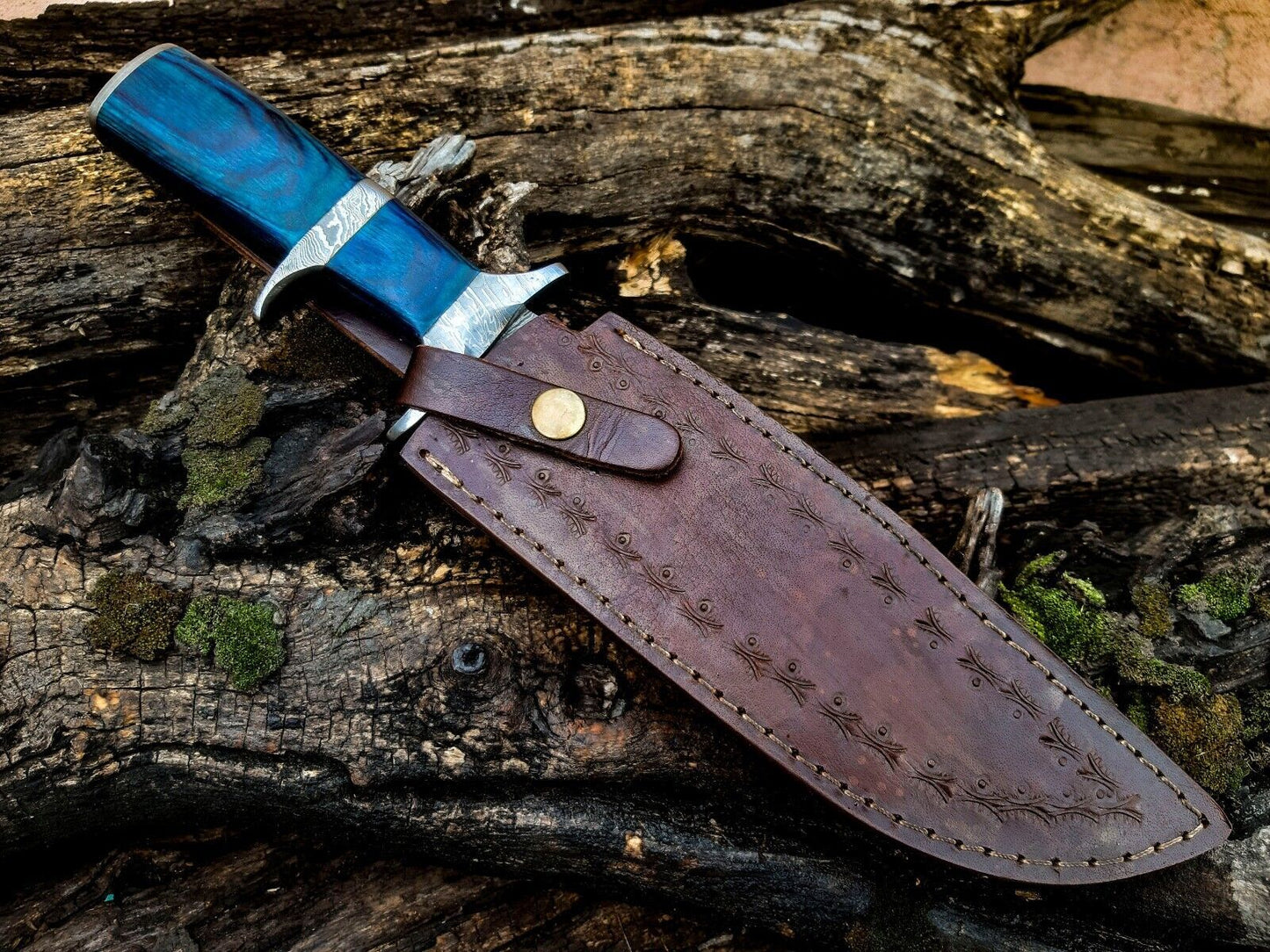 Heritage Forge Damascus Steel Hunting Bowie Knife Blue Wood Handle with Leather Sheath
