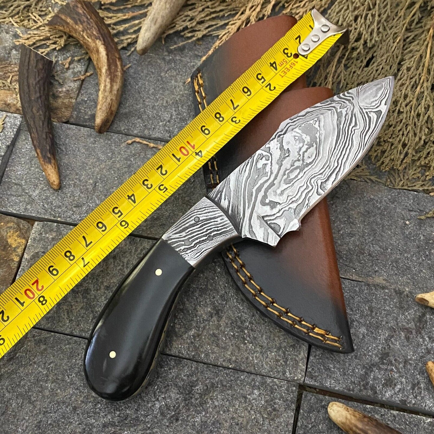 Heritage Forge 8 Inch Handmade Damascus Steel Bowie Knife with Horn Handle