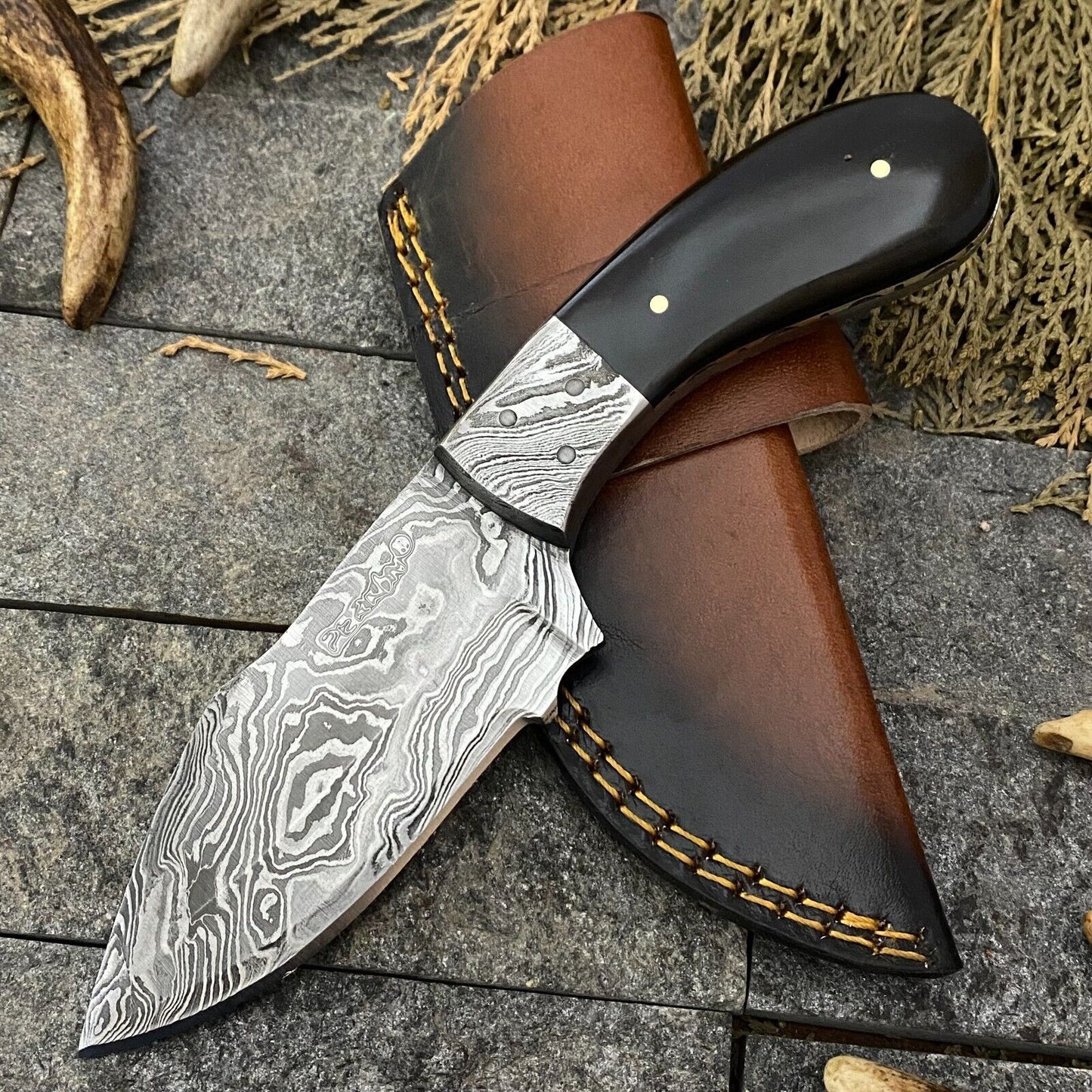 Heritage Forge 8 Inch Handmade Damascus Steel Bowie Knife with Horn Handle