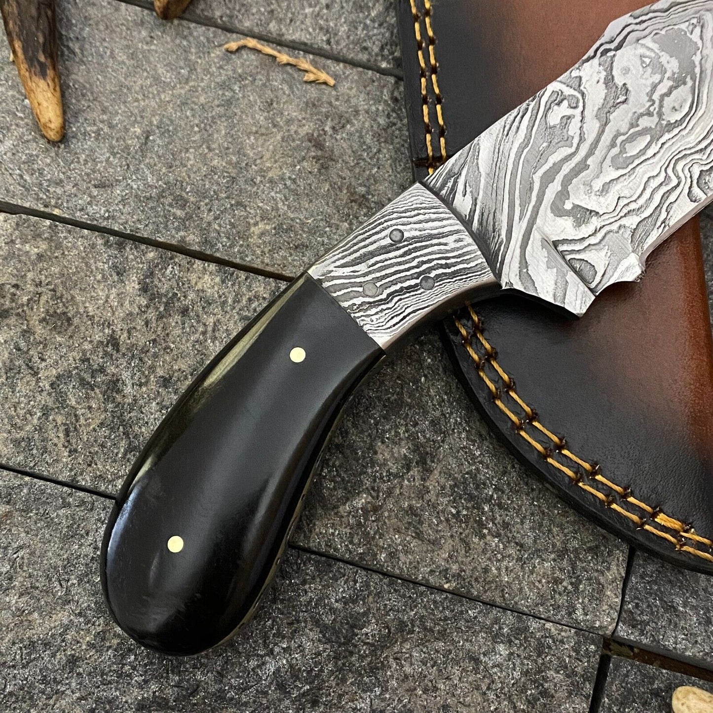 Heritage Forge 8 Inch Handmade Damascus Steel Bowie Knife with Horn Handle