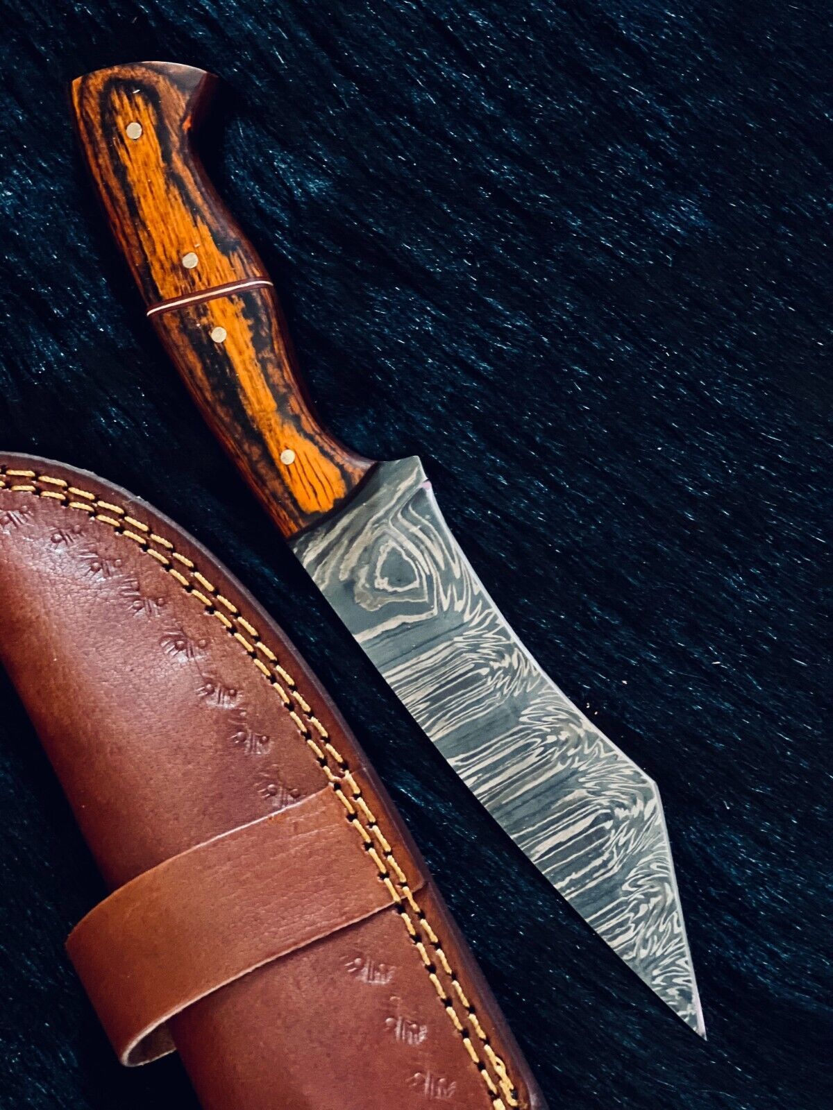 Heritage Forge 9.5 Inch Fire Damascus Tanto Hunting Knife with Camel Bone and Wood Handle