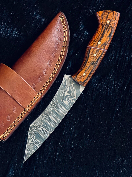 Heritage Forge 9.5 Inch Fire Damascus Tanto Hunting Knife with Camel Bone and Wood Handle