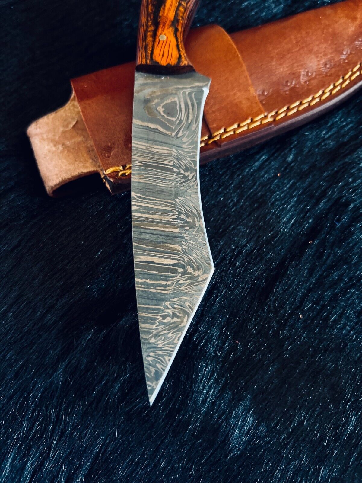Heritage Forge 9.5 Inch Fire Damascus Tanto Hunting Knife with Camel Bone and Wood Handle