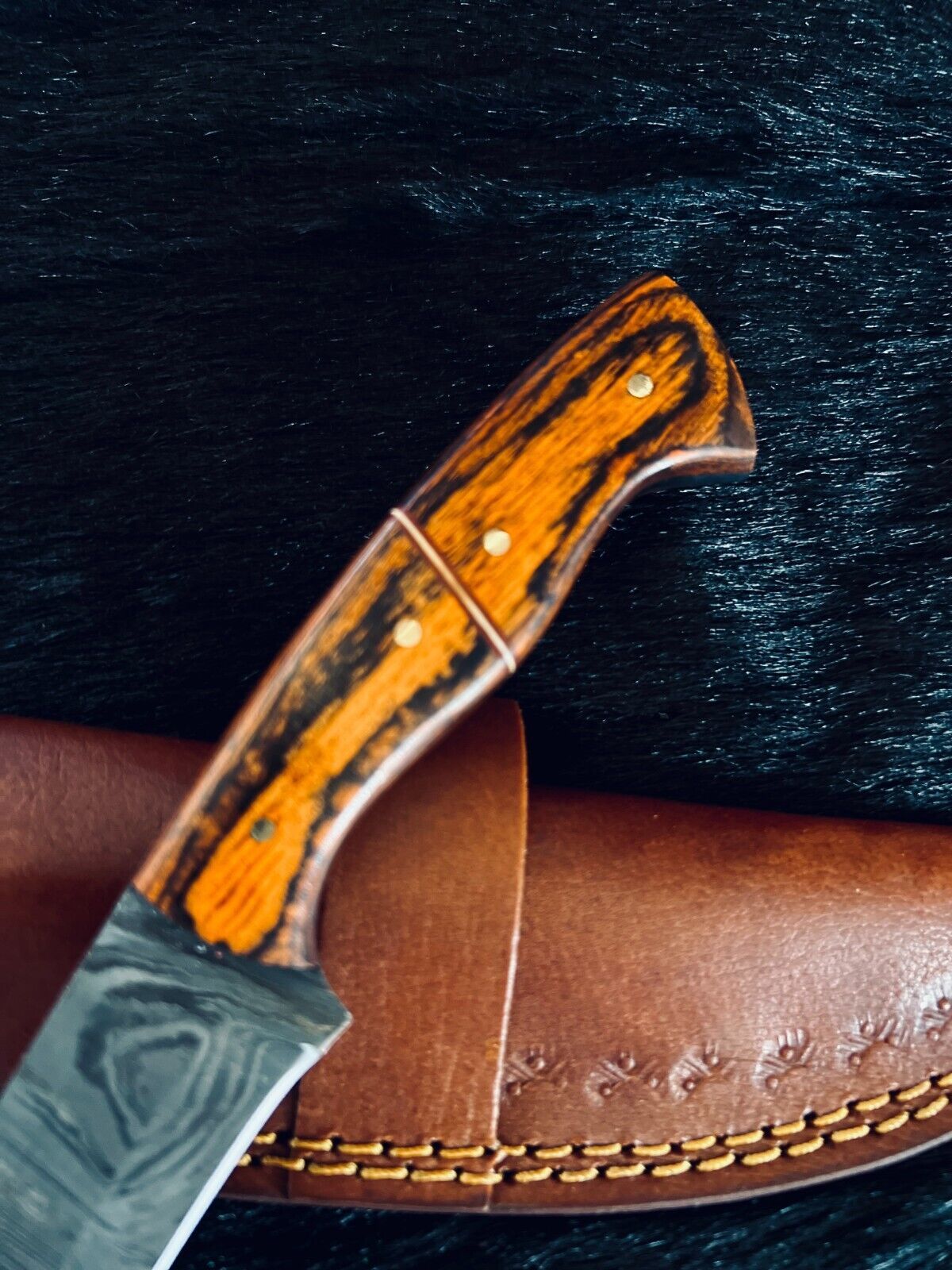 Heritage Forge 9.5 Inch Fire Damascus Tanto Hunting Knife with Camel Bone and Wood Handle