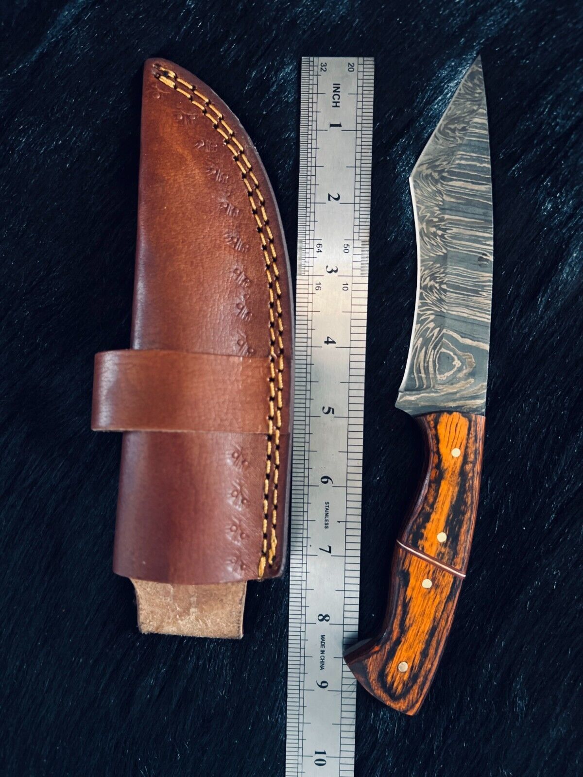 Heritage Forge 9.5 Inch Fire Damascus Tanto Hunting Knife with Camel Bone and Wood Handle