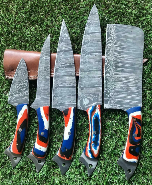 Custom Handmade Twist Damascus Steel Chef Knife Set – 5pc Kitchen Knives