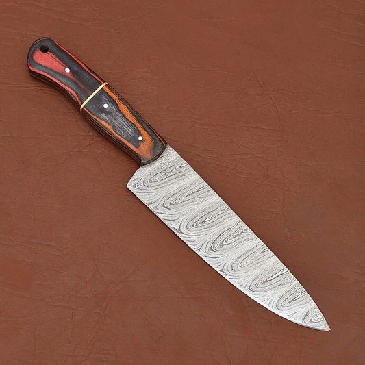 Custom Handmade Damascus Steel Chef Kitchen Knife | 12" Wood Handle with Leather Sheath