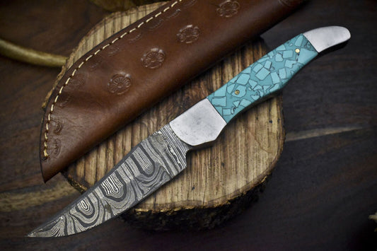 9.5" Twist Damascus Skinner Knife with Corian Handle and Steel Bolster – Unique Fishing Blade