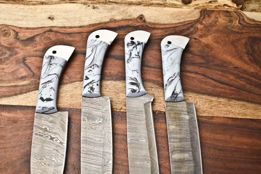 Beautiful Custom Lot of 4 Handmade Damascus Steel Blade Chef Set Kitchen Knives