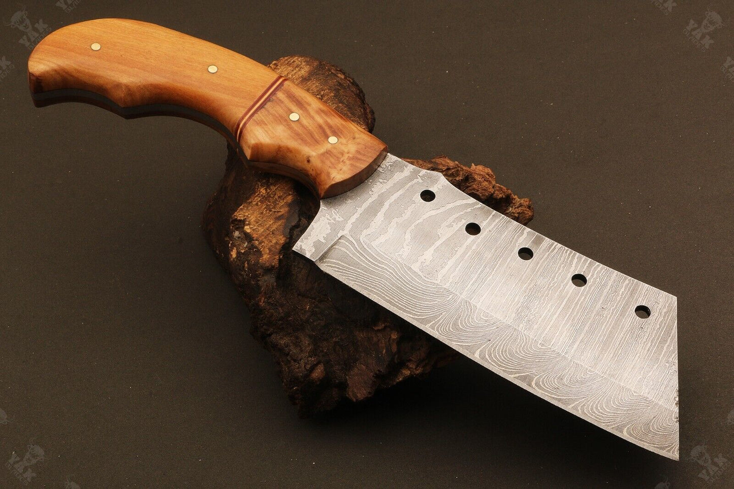 10" Handmade Ladder Damascus Steel Cleaver Bowie Knife – Natural Wood Handle