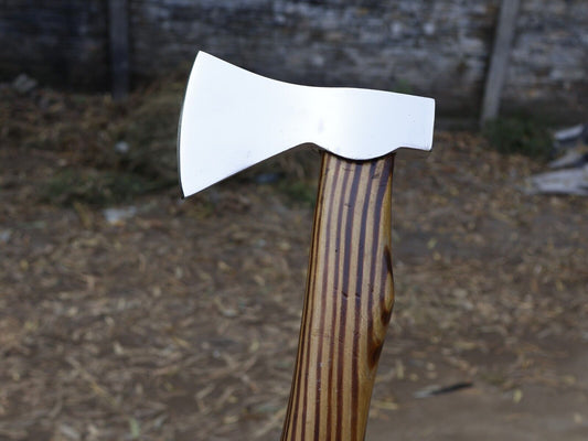 Hand Forged Viking Axe 16 Inch Carbon Steel Tomahawk with Yellow Pine Ash Wood Handle and Leather Sheath