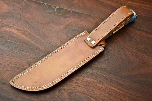 Damascus Steel Bowie Knife with Camel Bone Handle – 13" Handmade Hunting Blade