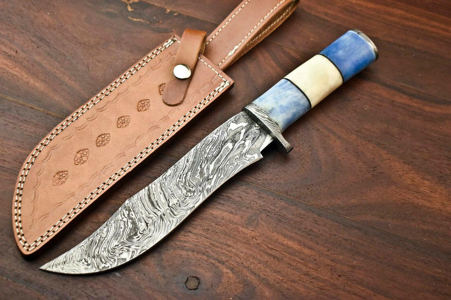Damascus Steel Bowie Knife with Camel Bone Handle – 13" Handmade Hunting Blade