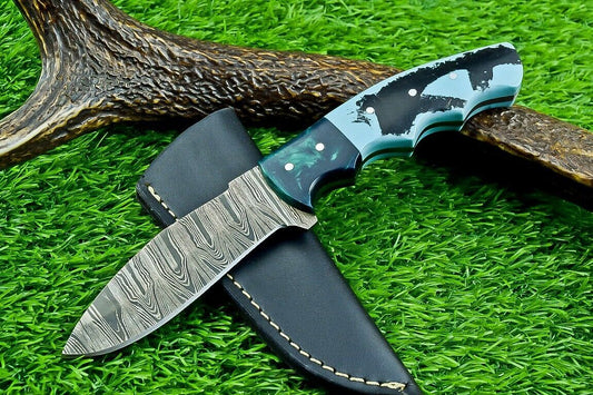 9" Heritage Forge Full Tang Damascus Bowie Knife – Resin Handle with Leather Sheath