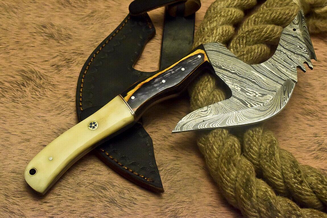 Custom Handmade Damascus Full Tang Tomahawk Axe with Camel Bone and Hardwood Handle