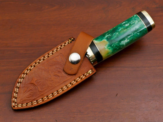 Handmade Damascus Gut Hook Bowie Knife | Stained Bone & Pakka Wood 8"