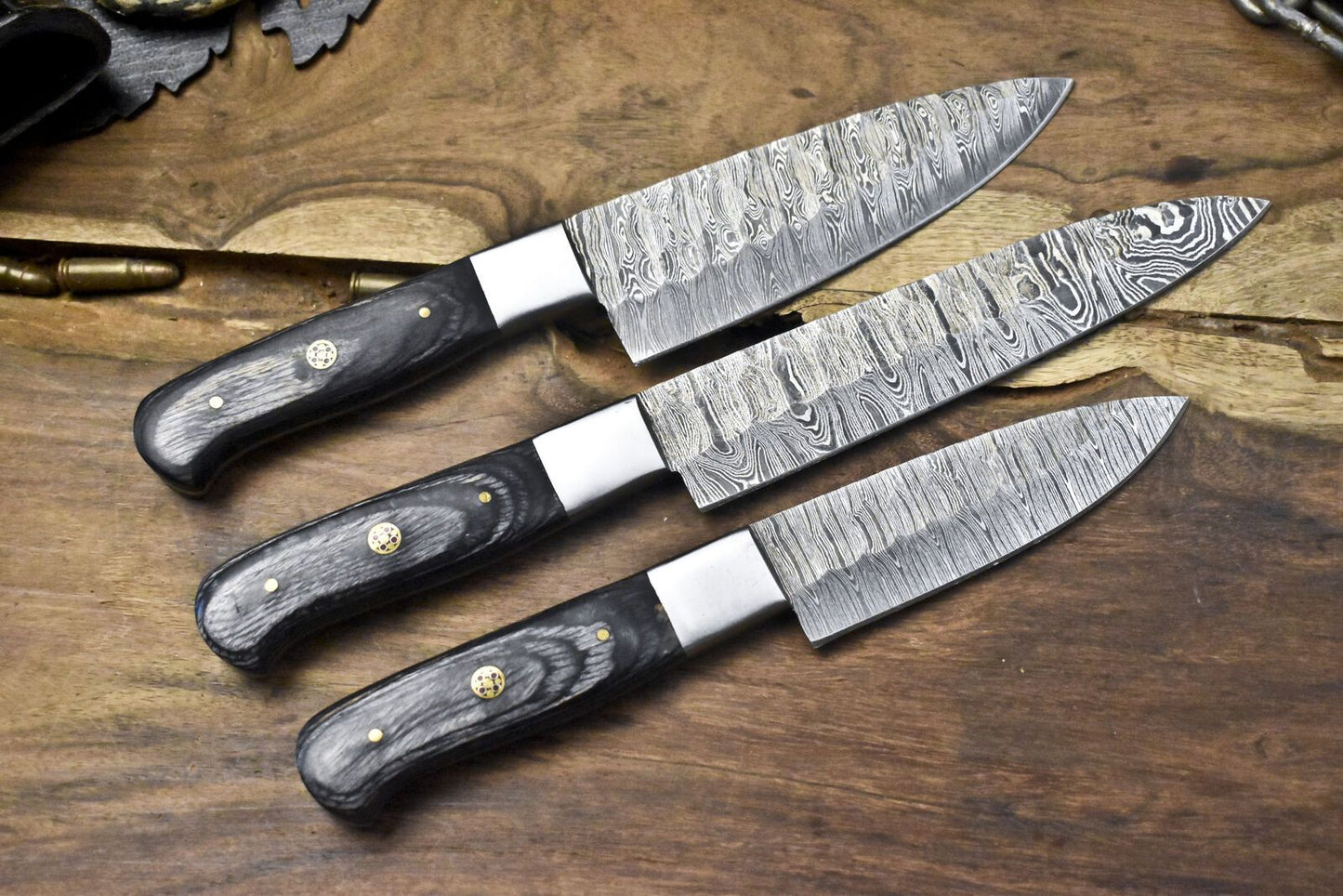 Custom Forged Chef Knife Set Twist Damascus Steel with Hard Wood Handles – Lot of 3 Camping Knives