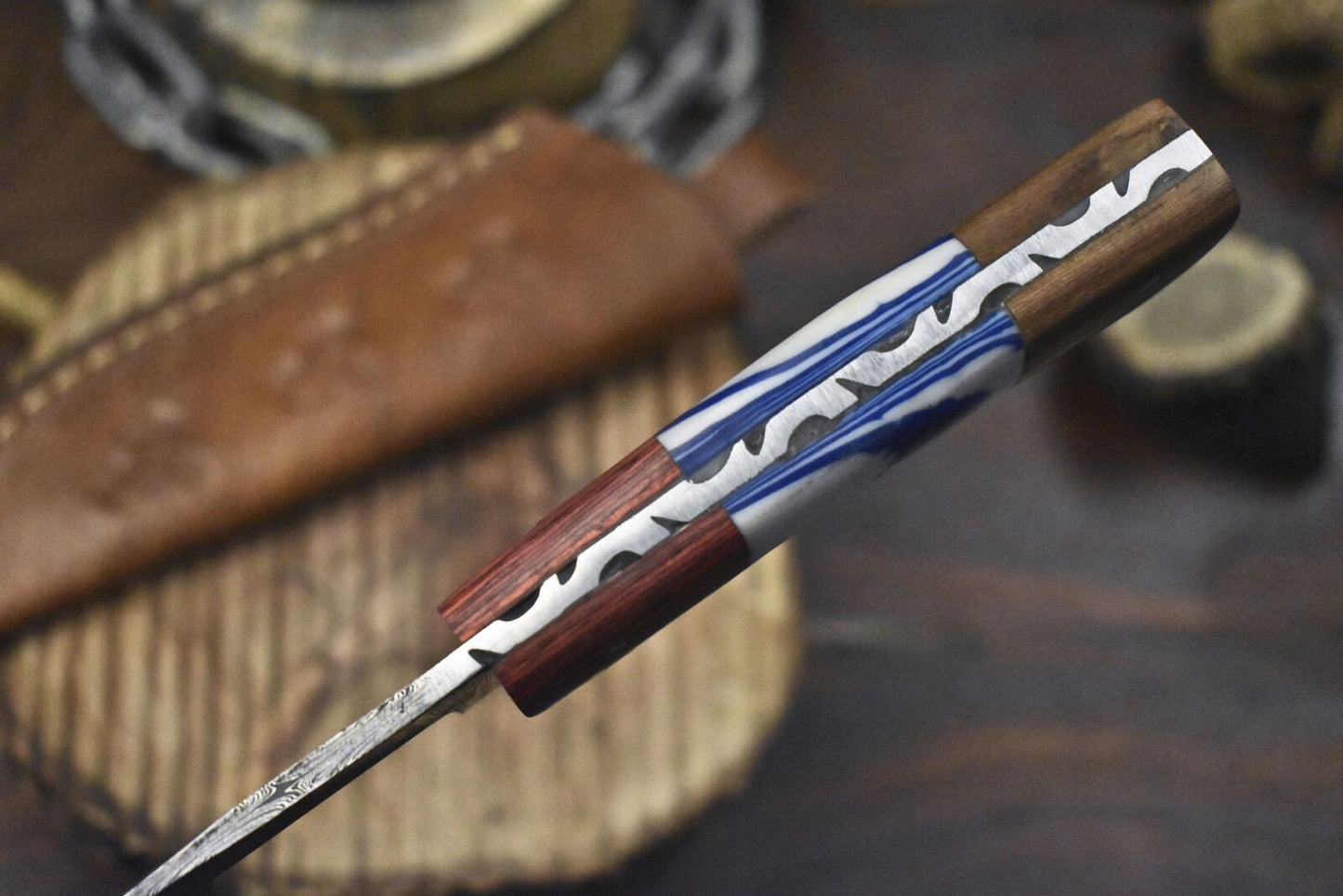 Forged Damascus Skinner Knife Twist Pattern with Corain Handle & Wooden Bolster – EDC Rare Blade