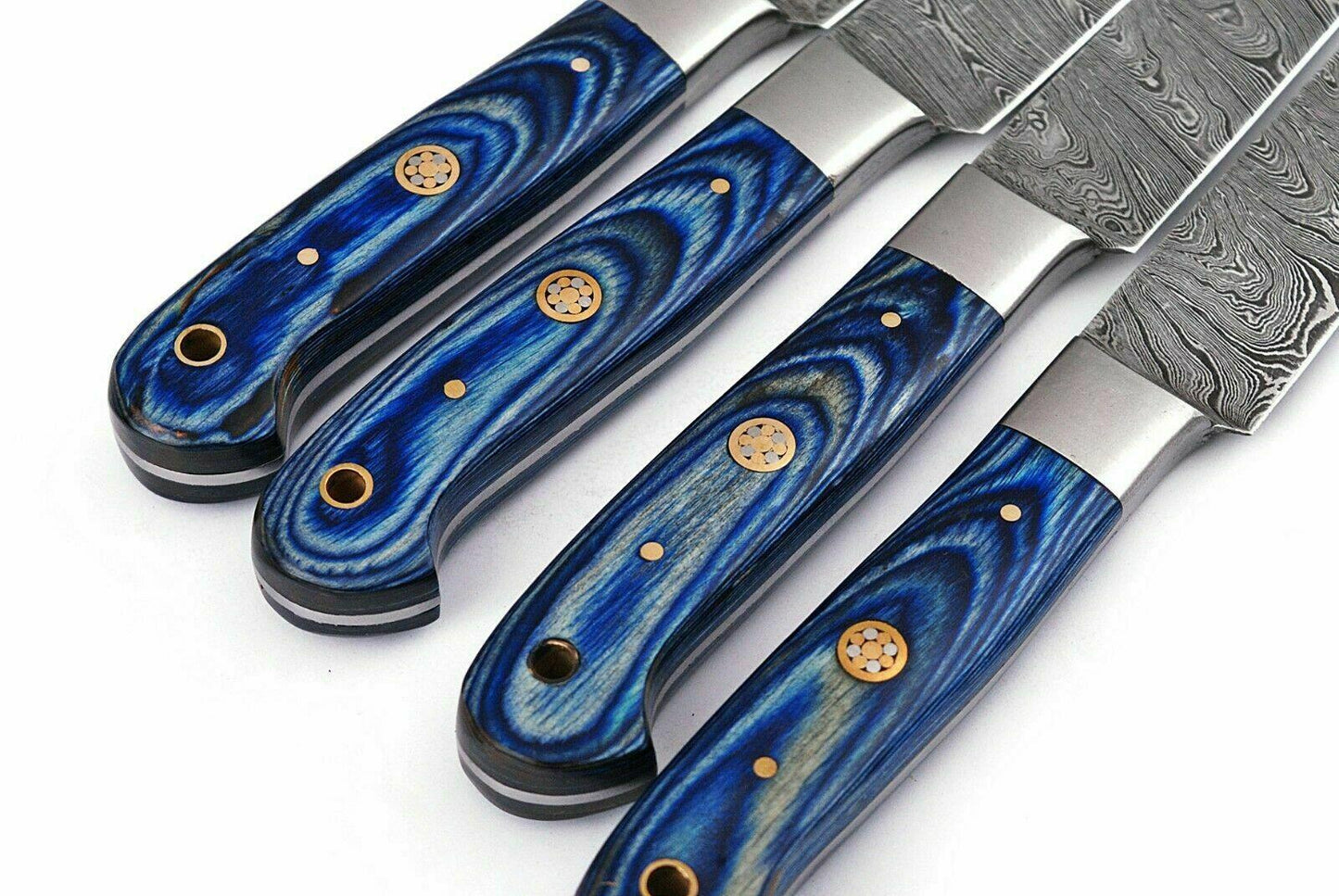 Handmade Damascus Steel Kitchen Steak Knives Set with Blue Wood Handle