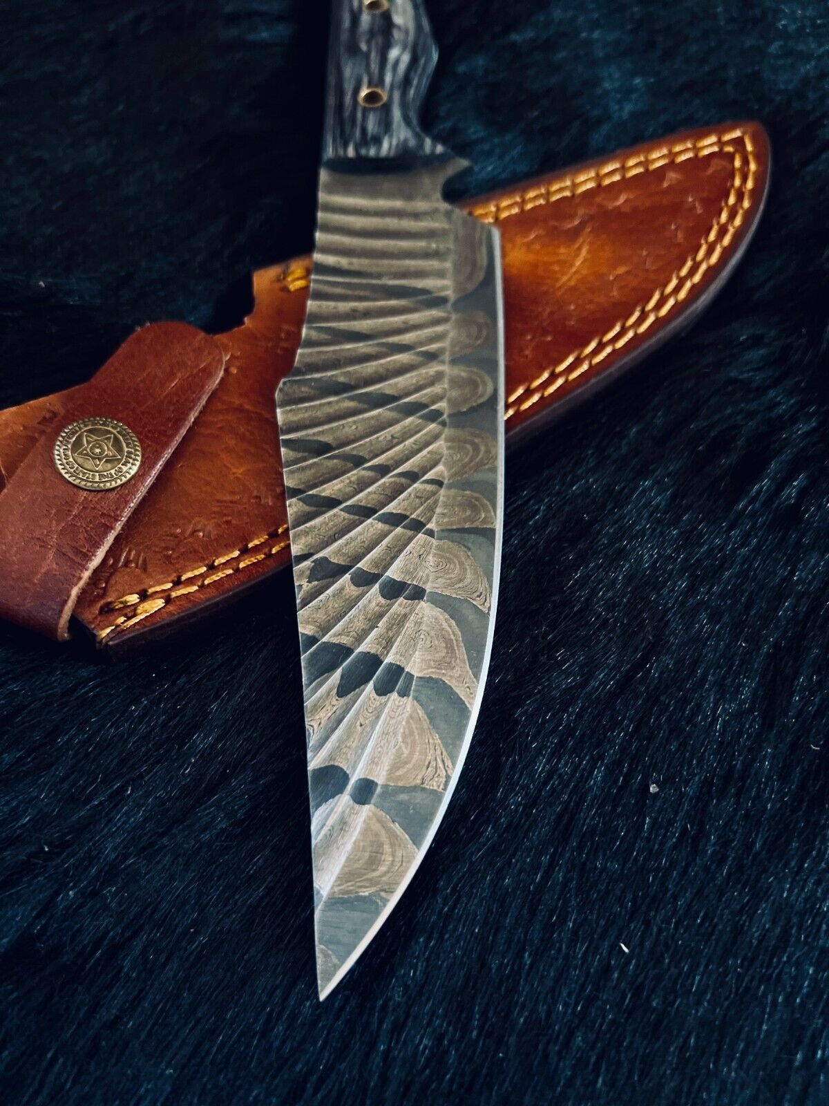 Heritage Forge 11.5 Inch Damascus Steel Bowie Hunting Knife with Wood Handle