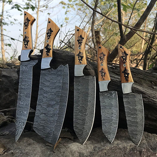 5pcs Custom Handmade Chef Knife Set – Damascus Forged Steel Kitchen Knives – Full Tang – Professional Cooking Knife Set with Wooden Handles