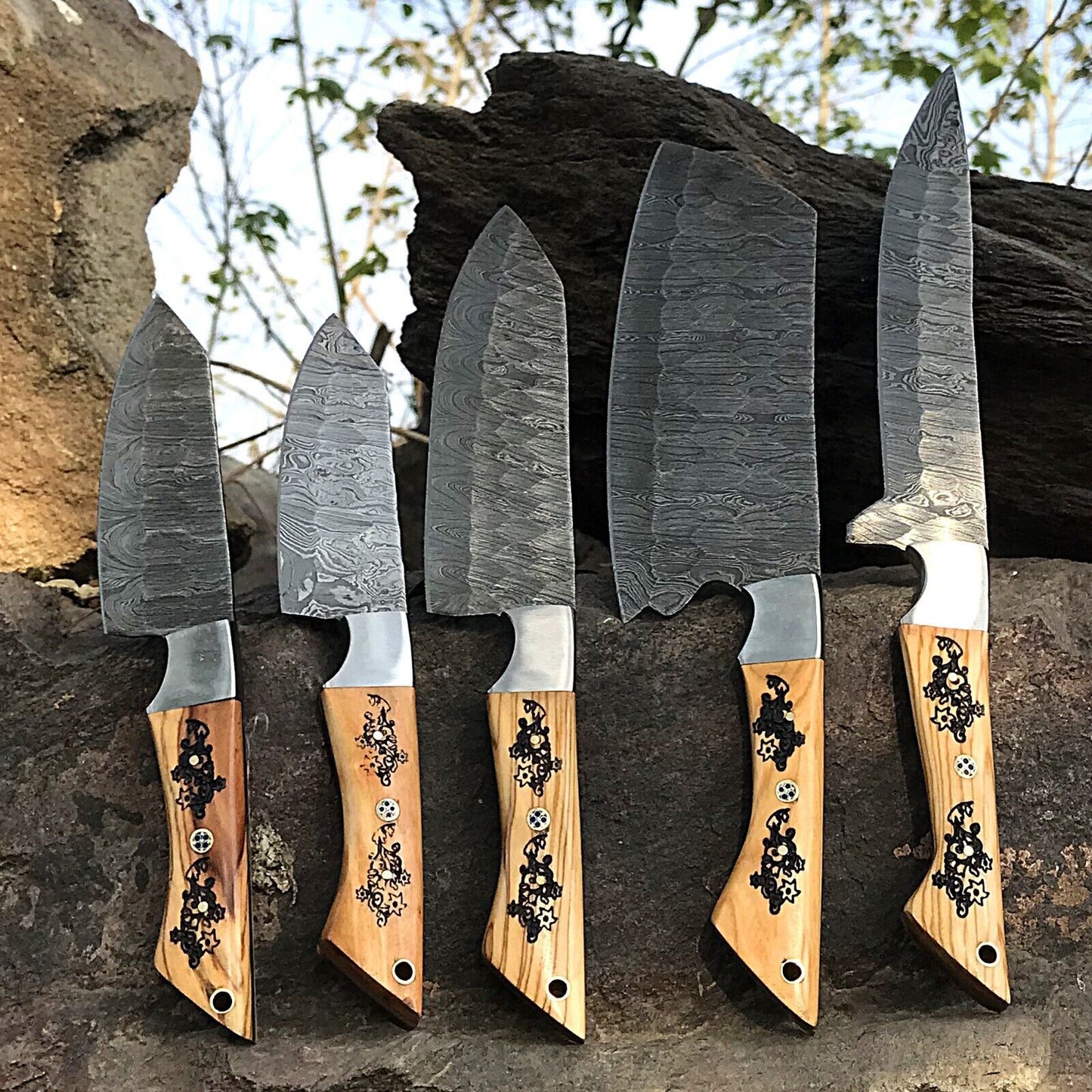 5pcs Custom Handmade Chef Knife Set – Damascus Forged Steel Kitchen Knives – Full Tang – Professional Cooking Knife Set with Wooden Handles