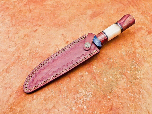 Damascus Steel Bowie Knife with Camel Bone & Hardwood Handle