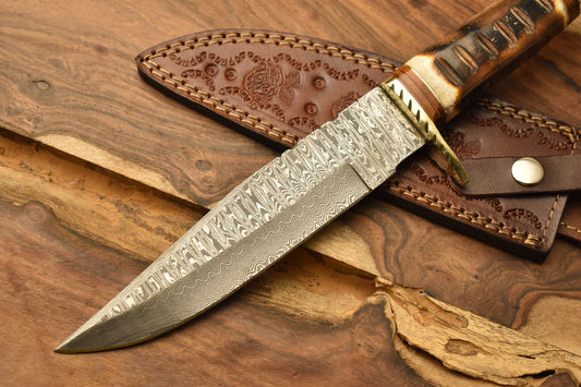 12 Inch Damascus Steel Bowie Knife Camel Bone Handle Brass Guard Sheath