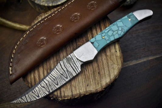 Handmade Twist Damascus Skinner Knife with Corain Handle for Everyday Carry