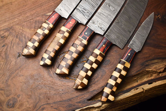 Exclusive Set of 5 Handmade Damascus Steel Hammered Chef Knives