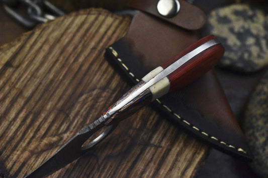 Hand Forged Twist Damascus Skinner Knife with Bone and Wood Handle – Compact EDC Hunting Tool