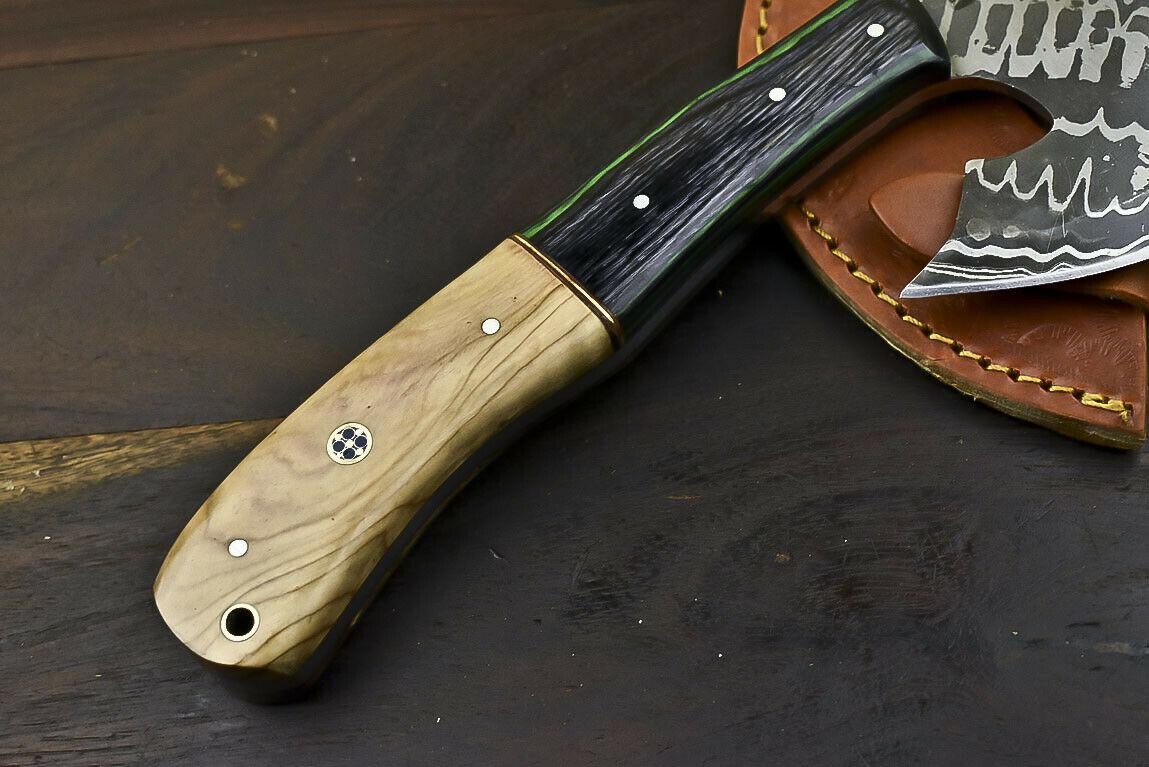 Hand Forged Damascus Olive Wood Butcher Hunting Clever Chopper Axe Knife – 12 Inch