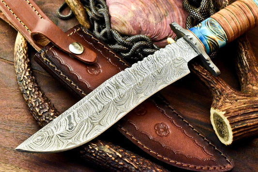 Falcon 11.5 Inch Damascus Bowie Hunting Knife | Camel Bone Handle