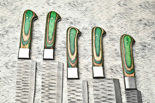 Lot of 5 Handmade Damascus Hammered Chef Knives – Full Tang with Hardwood Handles