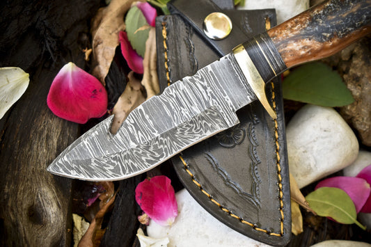 Twist Damascus Gut Hook Skinner Knife with Micarta Handle for EDC and Hunting