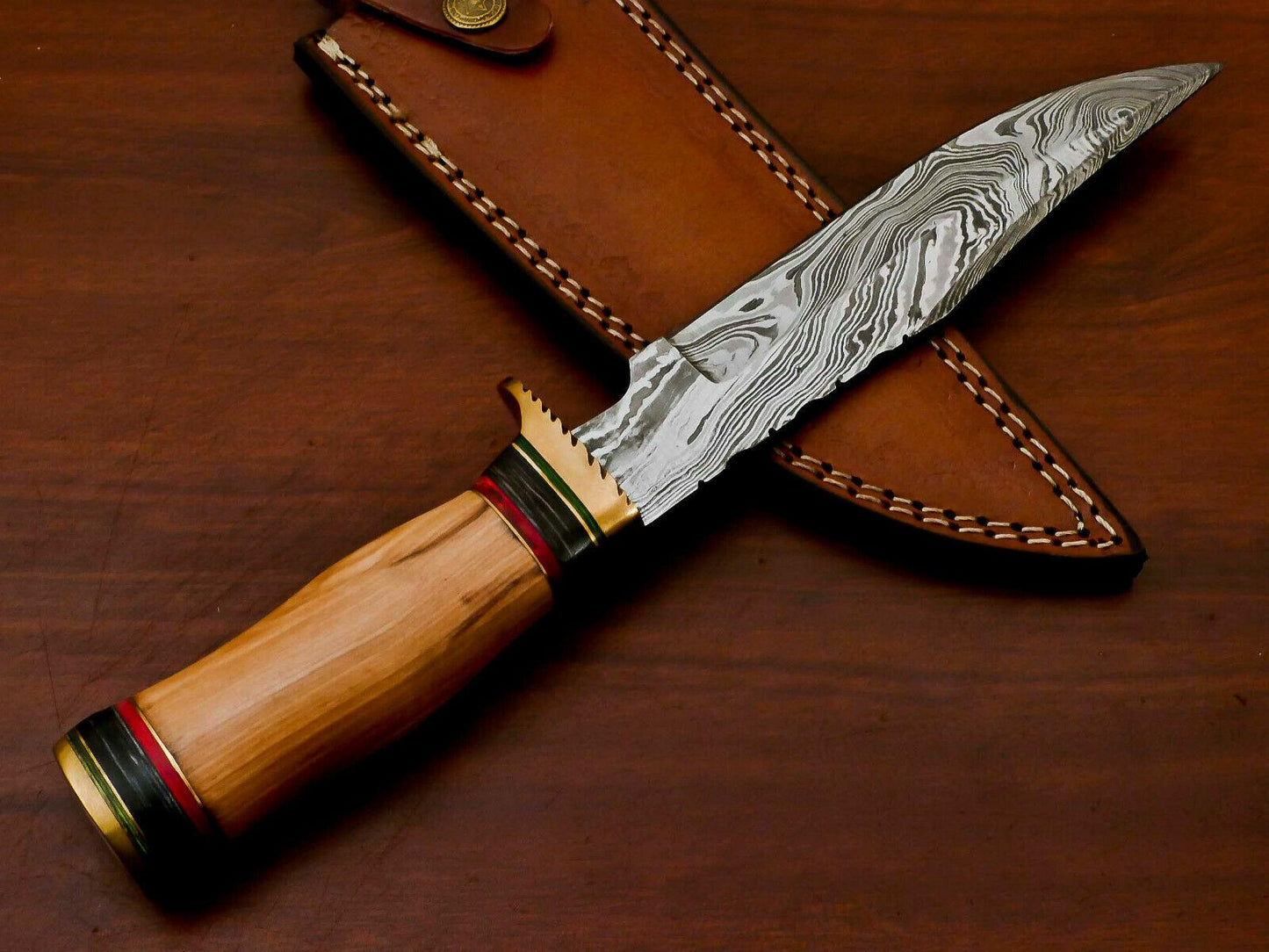 12" Handmade Damascus Bowie Hunting Knife | Olive & Pakka Wood Handle