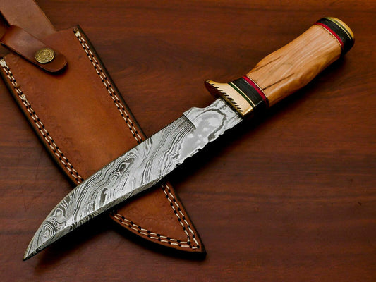 12" Handmade Damascus Bowie Hunting Knife | Olive & Pakka Wood Handle