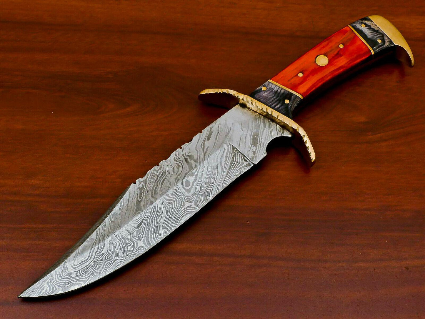 Damascus Steel Bowie Knife – Handmade Full Tang Hunting Blade with Pakka Wood Handle