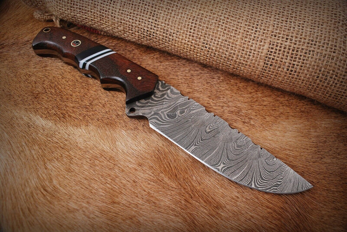 Damascus Bowie – Walnut Wood Handle, 9.5" Hand-Forged Full Tang Blade with Leather Sheath