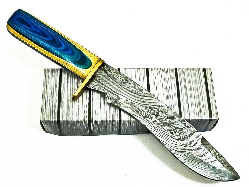 12.5" Custom Damascus Steel Bowie Knife – Wood Handle, Brass Guard & Leather Sheath