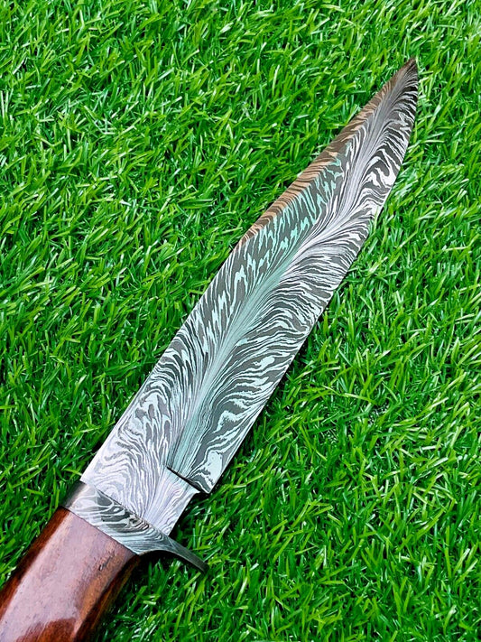 Heritage Forge Feather Pattern Damascus Steel Bowie Knife Wood Handle for Outdoor EDC