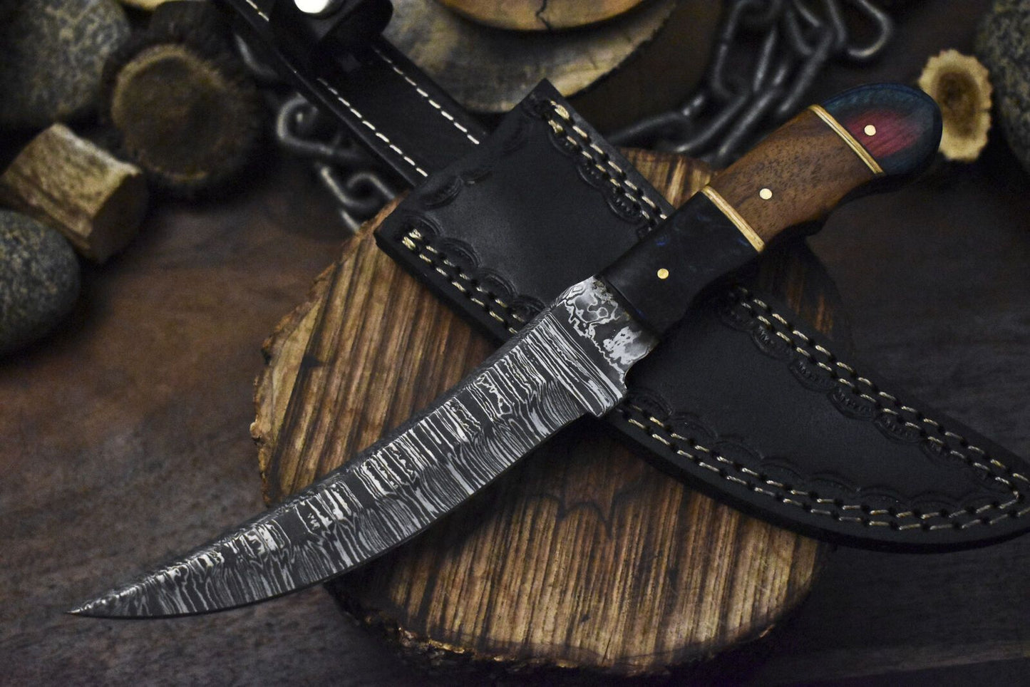 10" Twist Damascus Skinner Knife with Hardwood Handle & Micarta Bolster – Gift for Outdoorsmen