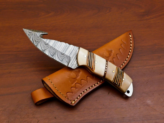 7" Damascus Gut Hook Bowie Knife – Burn Camel Bone Handle